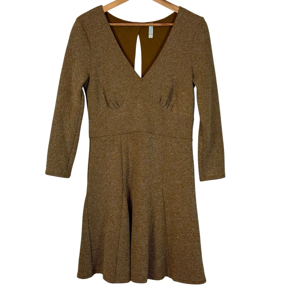 NWOT Free People Brown Textured Skater Dress Open Back Long Sleeve M